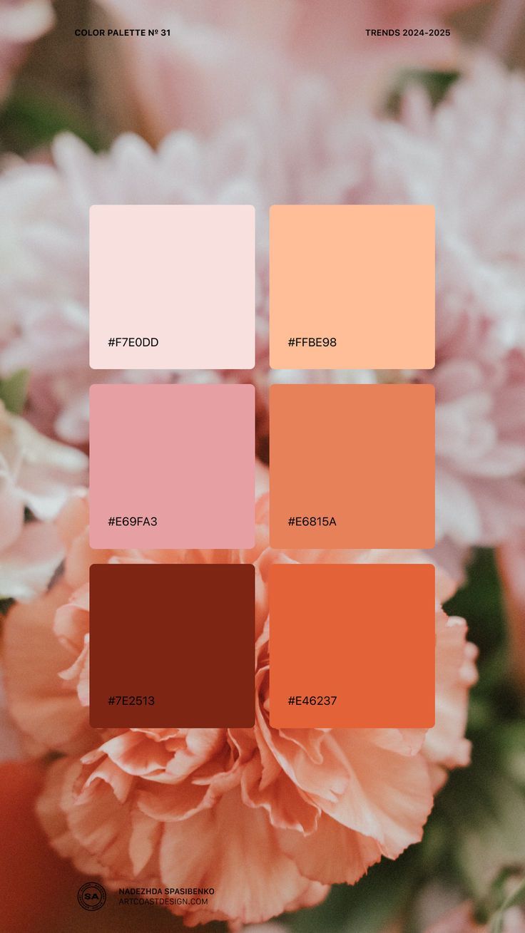 the color palette is peach, brown, and pink with some white flowers in it