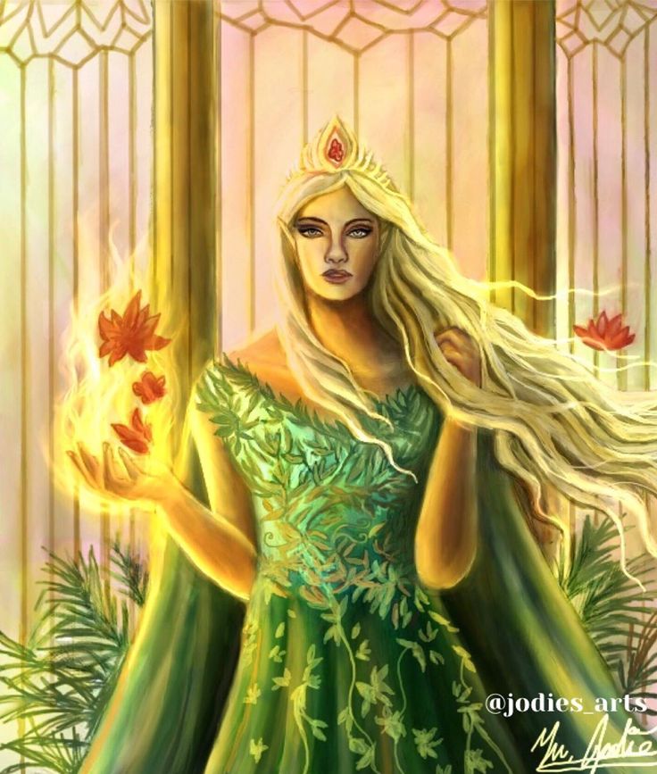 a painting of a woman with long blonde hair wearing a green dress and holding flowers