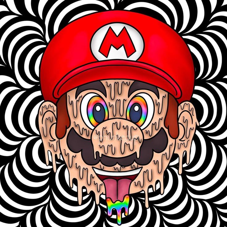 a drawing of a man wearing a red hat and mustache, with black and white swirls in the background