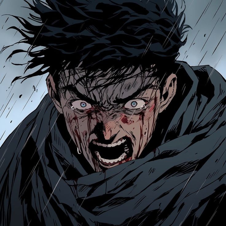 an evil looking man with black hair and blood on his face is in the rain