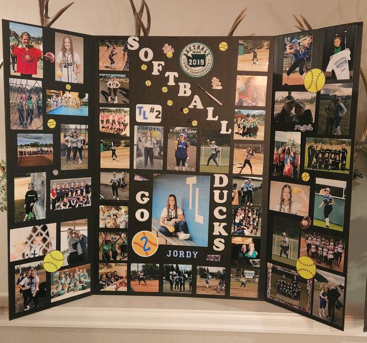 a collage of photos with the words softball and pictures on it in front of a fireplace mantel