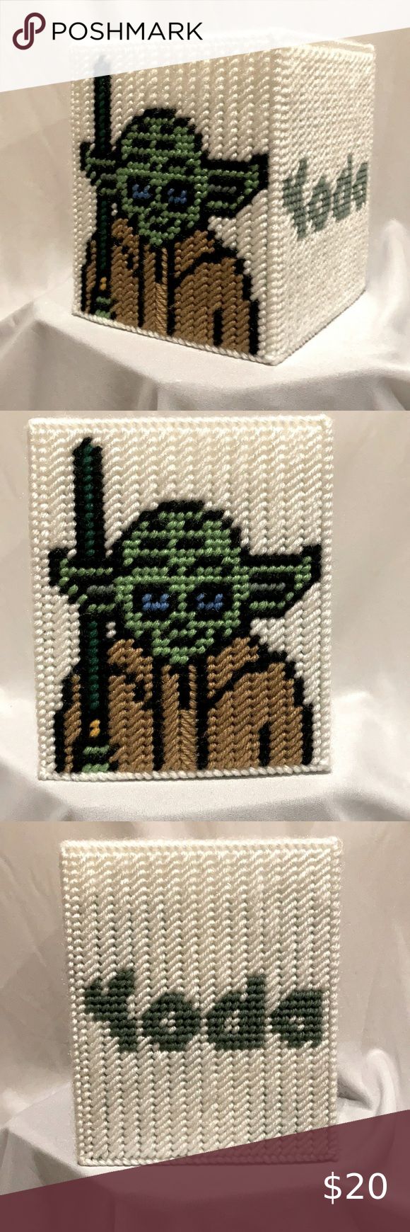 Star Wars Yoda Tissue Box Cover Star Wars Tissue Box Plastic Canvas, Plastic Canvas Star Wars, Plastic Canvas Box Patterns, Kleenex Box Cover, Rag Garland, Kleenex Box, Handmade Angels, Plastic Canvas Tissue Boxes, Plastic Canvas Patterns Free