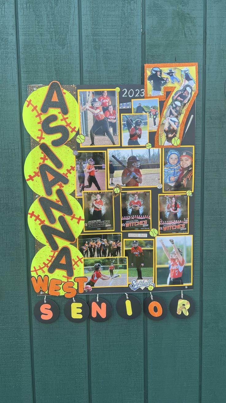 a green wall with pictures and letters on it that read, arizona baseball senior seniors