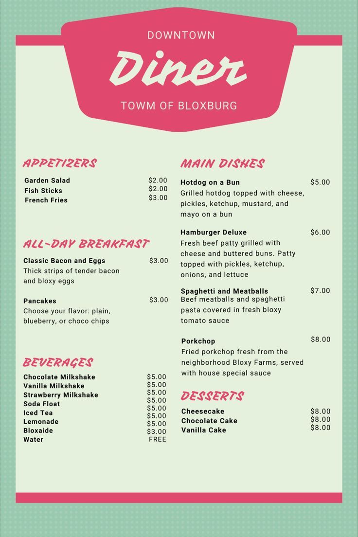 a menu for diners with pink and green colors