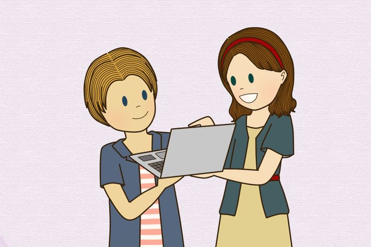 two people are holding a laptop computer