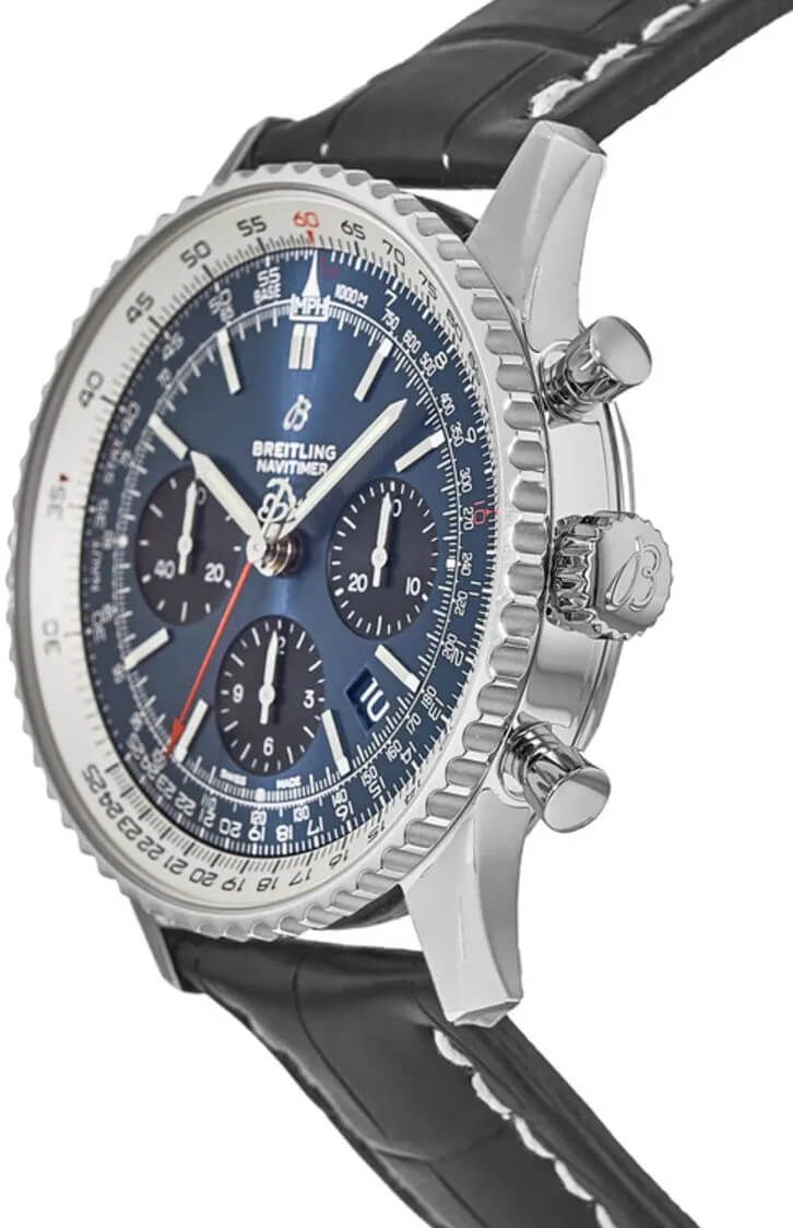 Model # AB012121/CA04/744P/A20D.1 NEW BREITLING MEN'S NAVITIMER 1 B01 CHRONOGRAPH 43 SPORT WATCH FOR SALE - With Manufacturer Serial Numbers - Swiss Made - Blue Dial with Black Sub-Dials - Index Hour Markers - Date Feature - Chronograph Feature     Large Red Central Chronograph Seconds Hand     30 Minute Counter Sub-Dial at 3 O'Clock     12 Hour Counter Sub-Dial at 6 O'Clock - Small Seconds Sub-Dial at 9 O'Clock - Slide Rule Feature - 70 Hour Power Reserve - Self-winding Automatic Movement     COSC Chronometer Certified - Breitling Caliber 01 - Vibrations Per Hour: 28,800 - Jewels: 47 - 6 Year Warranty - Guaranteed Authentic - Certificate of Authenticity - Manufacturer Box & Manual - Polished Stainless Steel Case - Black Leather Strap with Pattern - Cambered Scratch Resistant Sapphire Crys Rolex Women, Slide Rule, Authentic Watches, Free Bracelet, Watch For Men, Breitling Navitimer, Polished Stainless Steel, Watch Movement, Nice Leather