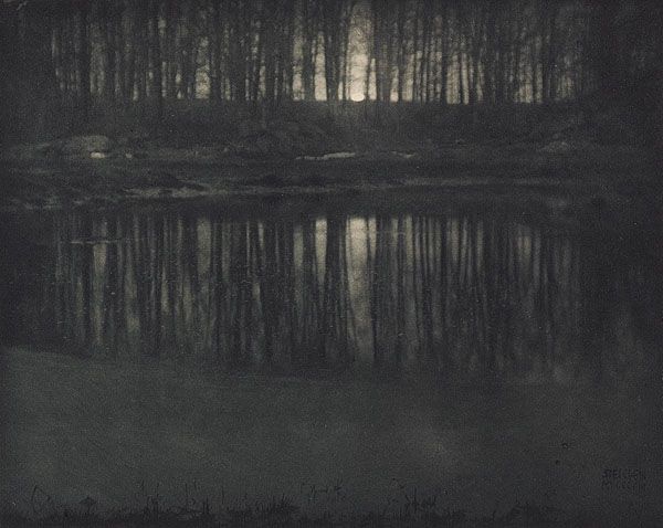 trees are reflected in the water at night