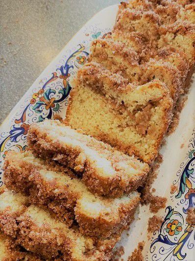 slices of cake sitting on top of a blue and white plate