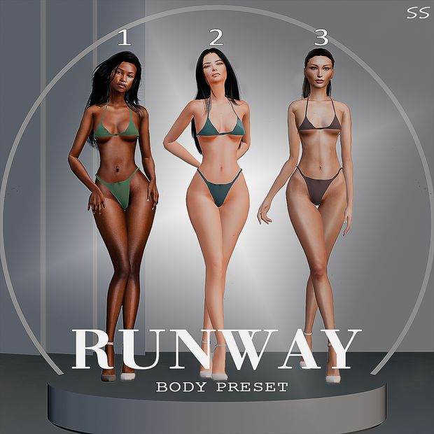 three beautiful women in bikinis standing next to each other with the words runway body preset