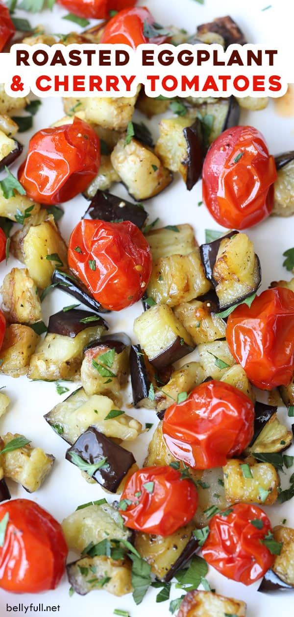 roasted eggplant and cherry tomatoes on a white platter with text overlay