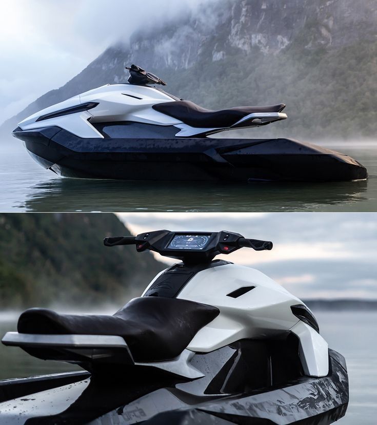 two pictures of a jet ski in the water with mountains in the backgroud