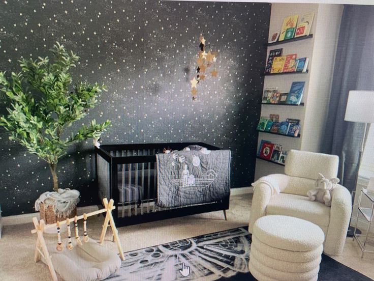 a baby's room decorated in black and white with stars on the wall, crib, rocking chair, tree, and rug