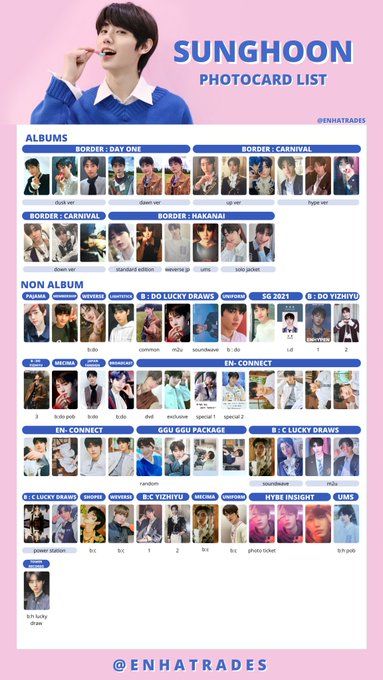 the poster for sunghoon's photocard list is shown in blue and pink