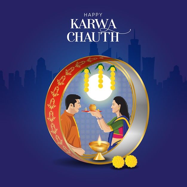 happy karwa chauthh with couple in the moon and gold decoration on blue background