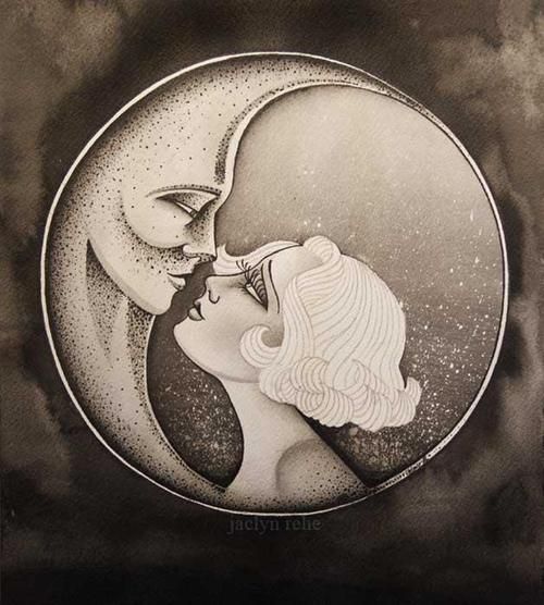 a drawing of two women kissing on the moon with stars in the sky behind them