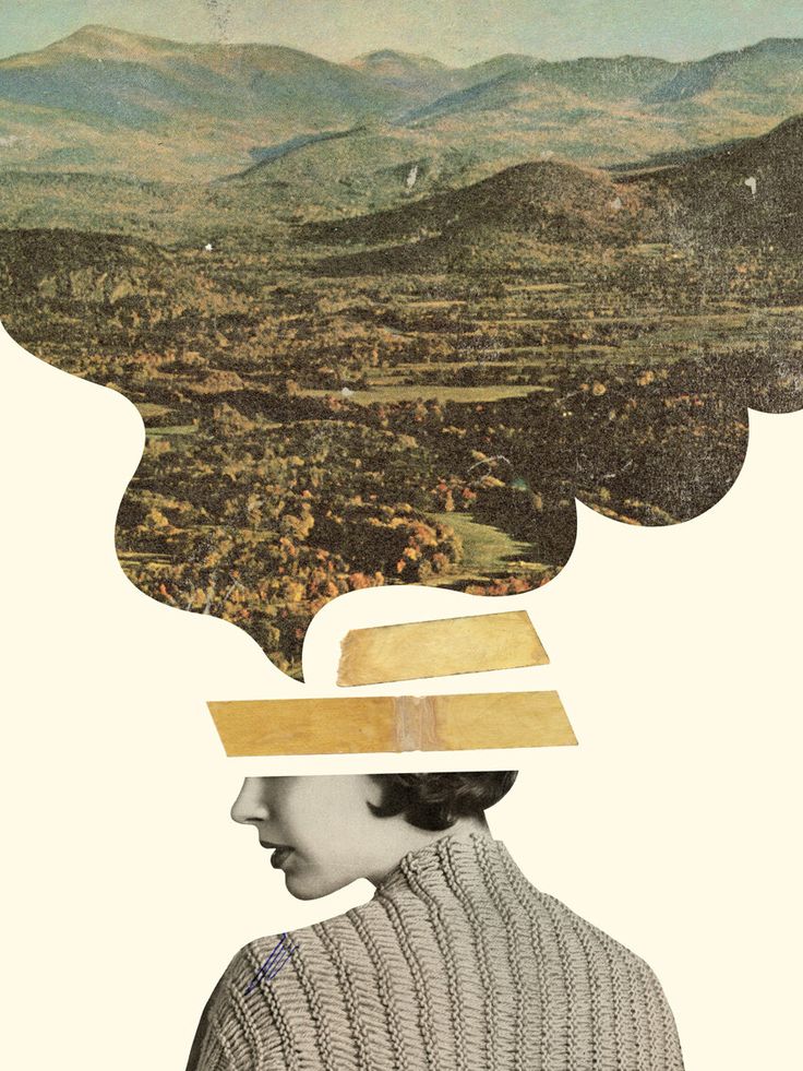 a woman's head with a thought bubble above her and mountains in the background