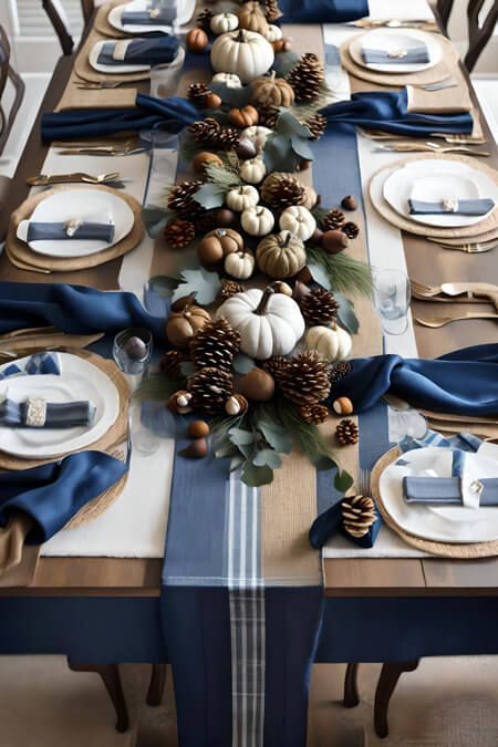 the table is set with blue napkins and white plates, silverware, and pine cones