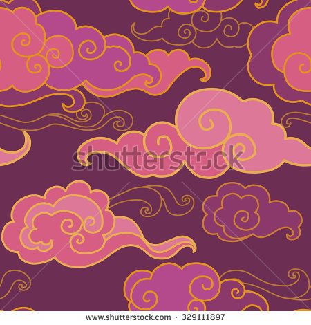 seamless clouds in the sky with swirls and spirals on purple, yellow and pink