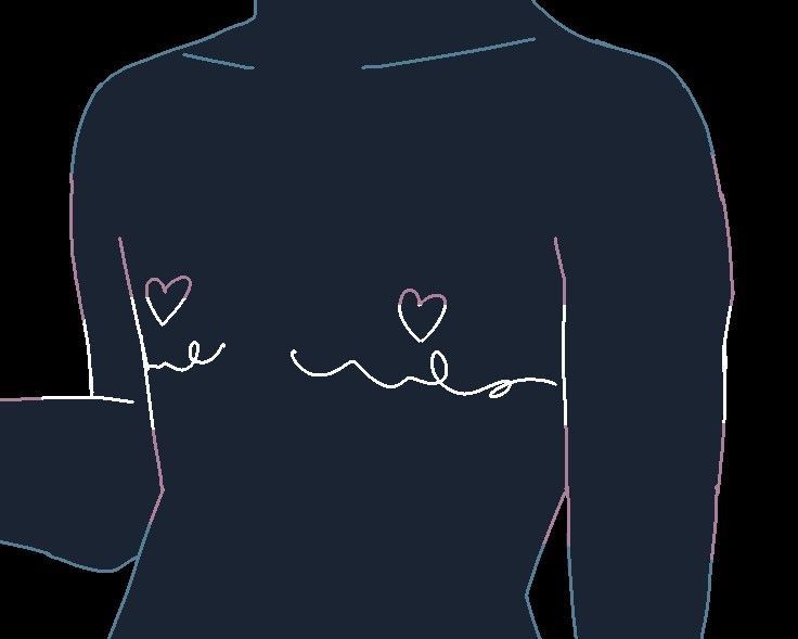 the back of a woman's shirt with hearts drawn on her chest and arms