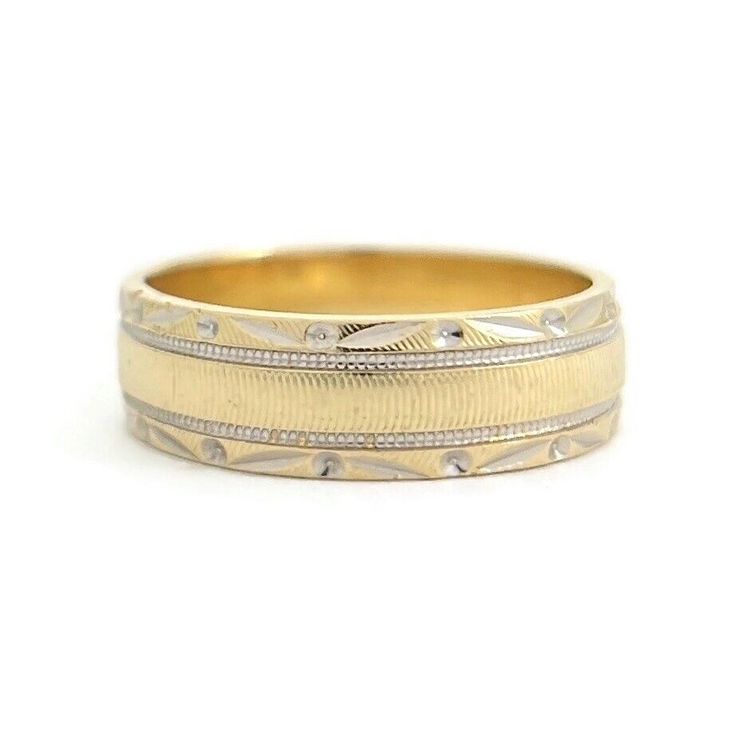 Vintage 1940's Two-Tone Etched Floral Wedding Band Ring 14K Yellow Gold, 5.57 Gr This is a beautiful ring that could be worn as a wedding band or statement ring. Please let us know if you have any questions. Circa: 1940's Metal: 14K yellow and white gold Weight: 5.57 grams Stamped: 14K Size: 8.5 (can be slightly stretched for a small fee) Width: 6 mm Heirloom Style 14k Gold Wide Band Ring, Heirloom 14k Gold Wide Band Promise Ring, Heirloom Style 14k Gold Wide Band Promise Ring, 14k Gold Rings With Decorative Round Band, Heirloom Yellow Gold Toe Ring, 14k Gold Rings With Decorative Band, Heirloom 14k Gold Ring With Decorative Band, Heirloom Ring With Decorative Band In 14k Gold, Vintage 14k Stamped Rings For Ceremonial Occasions