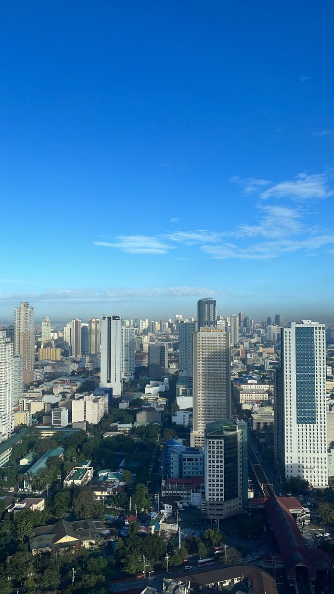 an aerial view of a city with tall buildings and trees in the foreground, on a sunny day