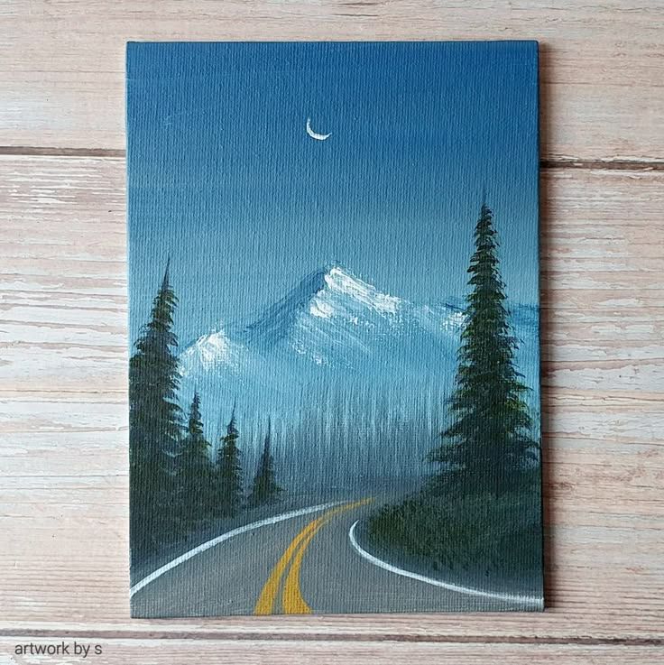 an acrylic painting of a mountain road with trees and the moon in the sky