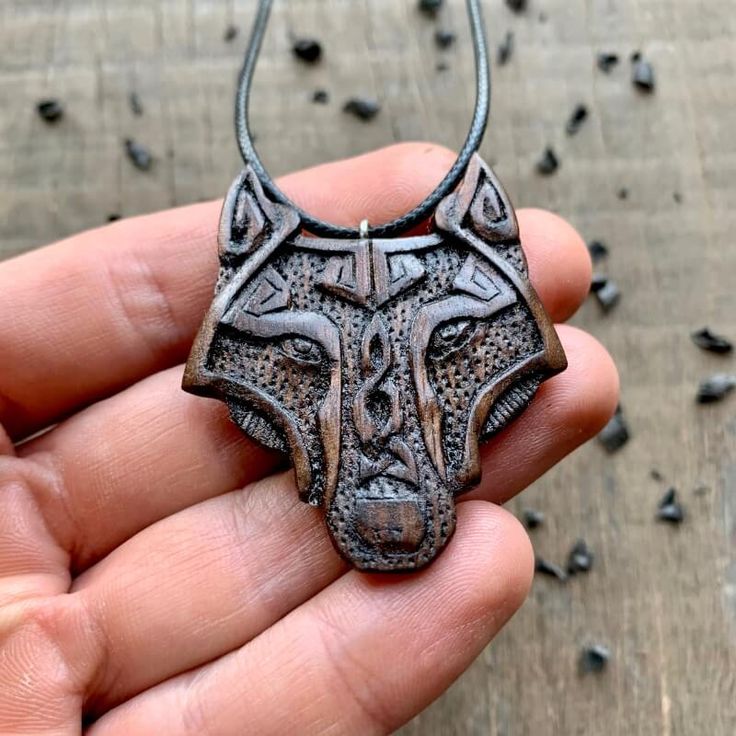 Unique Walnut Wood Fenrir Head Pendant Viking Style Silver Wolf Design Jewelry, Wolf Craft, Handmade Viking Pendant Necklace, Wooden Wolf Pendant, Fair Costume, Norse Wood Carving, Nordic Wolf Necklace, Triquetra Pendant, Symbole Viking