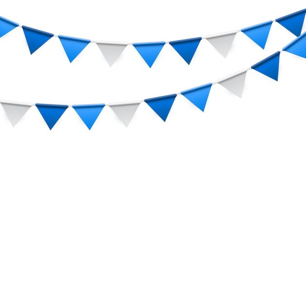 blue and white paper buntings are hanging in the air on a white background