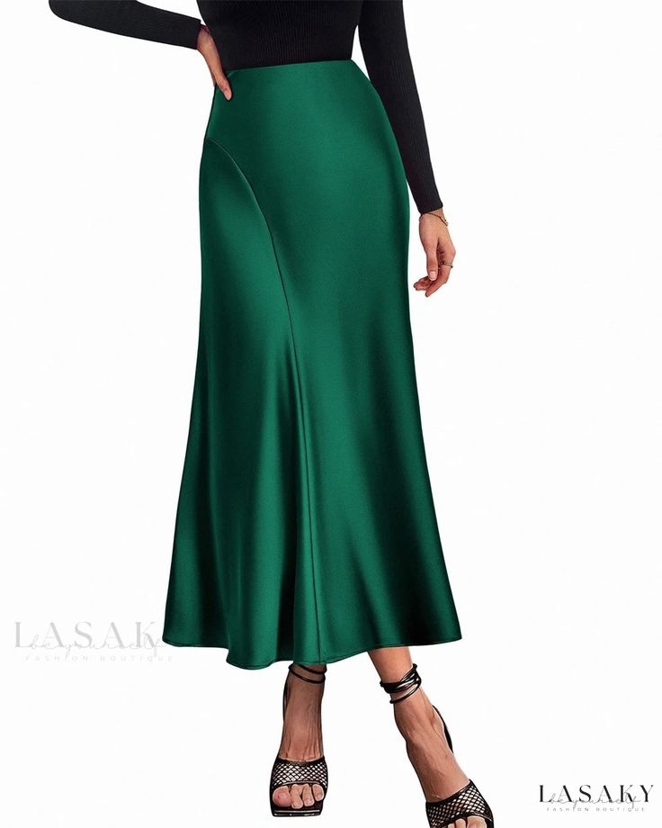 Lasaky - Elegant Silky Pleated High-Waisted Mermaid Party Midi Skirt Long Skirt Design, A Line Maxi Skirt, Elegant Cocktail Party, Long Satin Skirt, Long Silk Skirt, Long Flowy Skirt, Long Skirt Fashion, Tunic Designs, High Waisted Maxi Skirt