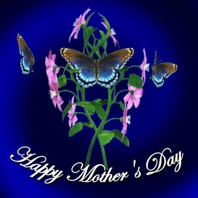 a happy mother's day card with butterflies and pink flowers on a blue background