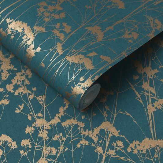 a blue and gold floral wallpaper with metallic foil on the bottom half of it