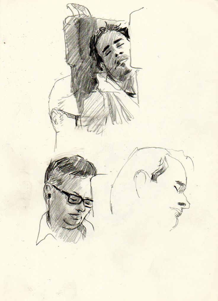 three different angles of a man's head and neck in black and white ink