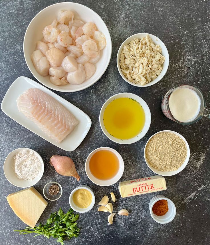 the ingredients for this dish are laid out in bowls