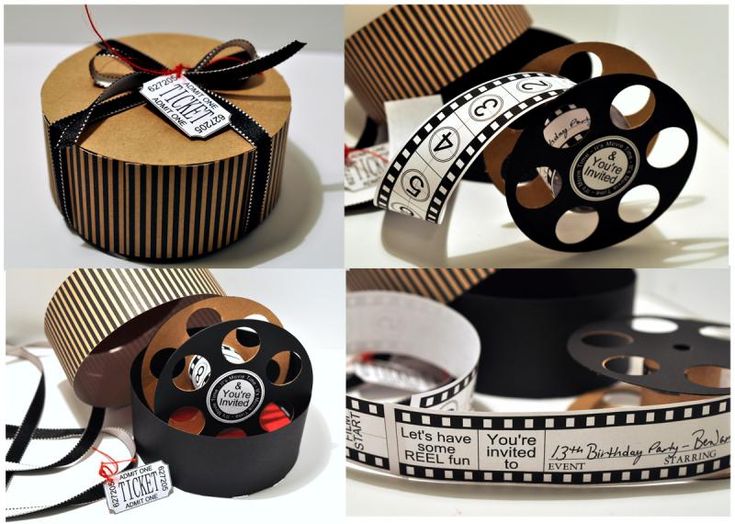 four pictures of different types of film reels with ribbons and tags attached to them