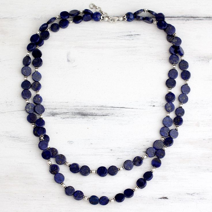 Lapis lazuli strand necklace - Blue Universe | NOVICA Blue Universe, Lapis Lazuli Jewelry, Lapis Lazuli Necklace, Double Strand Necklace, Silver Bead Necklace, Beaded Anklets, Necklace Blue, Pearl Earrings Dangle, Necklace Sizes