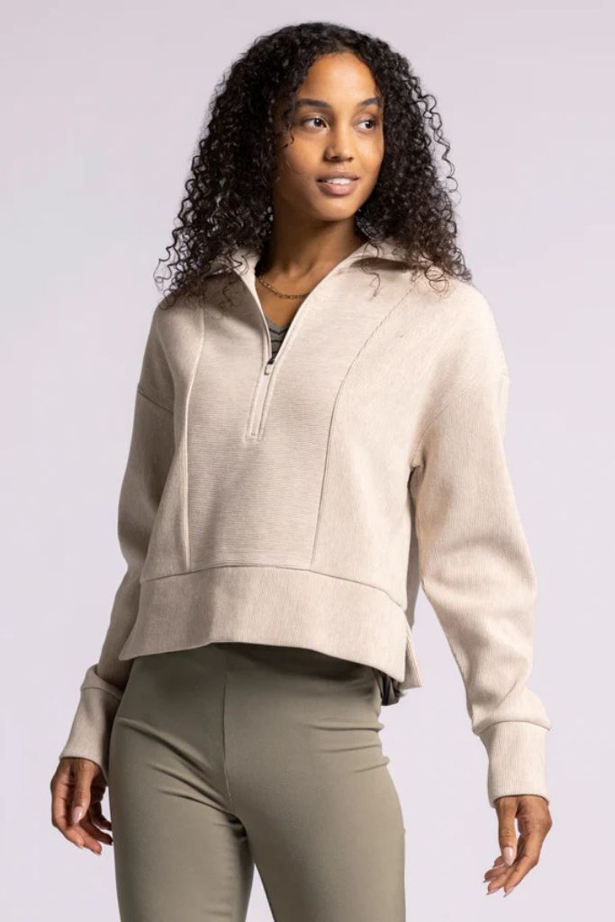 Kristine Quarter Zip Pullover Heather Oat SKU | 94214 Fit | True To Size Bust | Relaxed - Room For Stretch Waist | Relaxed - Room For Movement Length | Just Below Hips Fabric | Cotton - Polyester - Spandex Half-zip Sweater For Fall Loungewear, Fall Half-zip Loungewear Sweater, Fall Half-zip Sweater For Loungewear, Spring Half-zip Loungewear Sweater, Spring Half-zip Sweater For Loungewear, Half-zip Stretch Sweater, Versatile Half-zip Fall Tops, Versatile Half-zip Tops For Fall, Cozy Fit Half-zip Top With Ribbed Cuffs