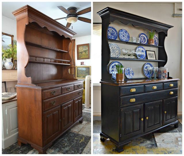 two pictures side by side one has a china cabinet and the other has plates on it