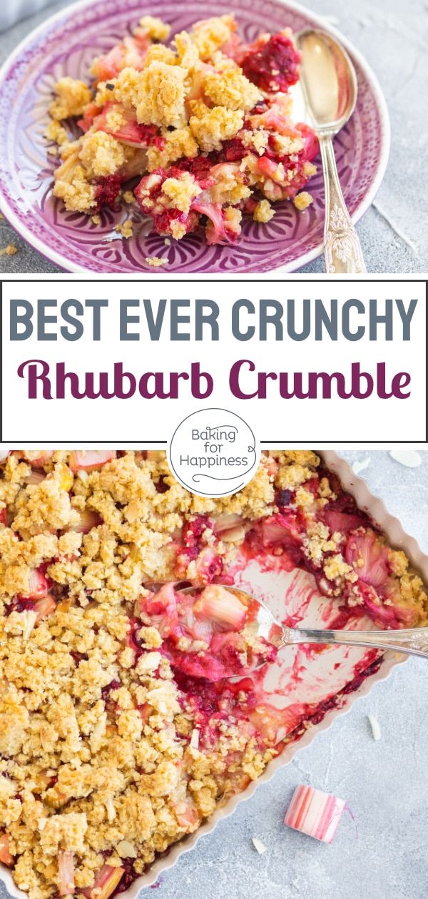 the best ever crunchy rhubarb crumble dessert is ready to be eaten