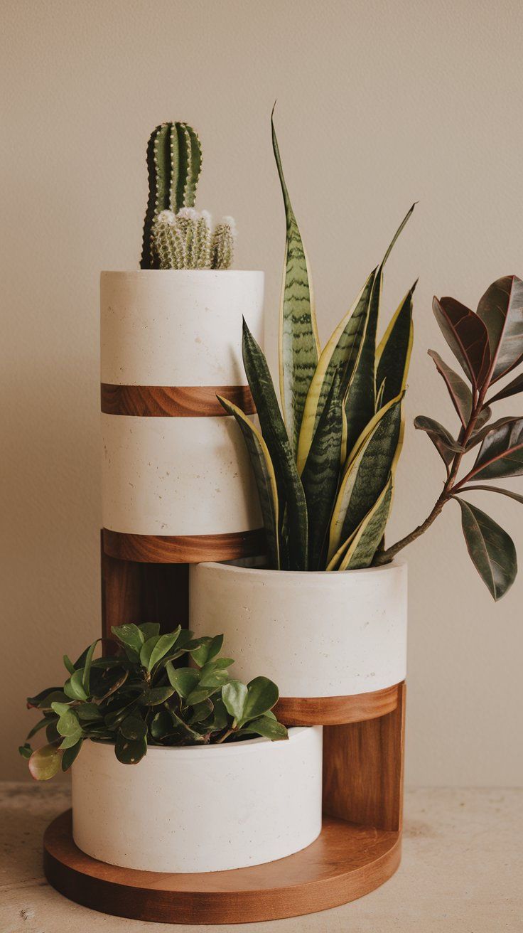 three tiered planter with succulents and greenery