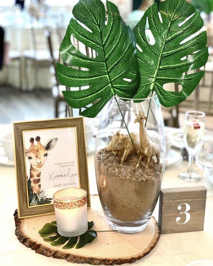 there is a plant in a glass vase on the table next to a candle and some pictures