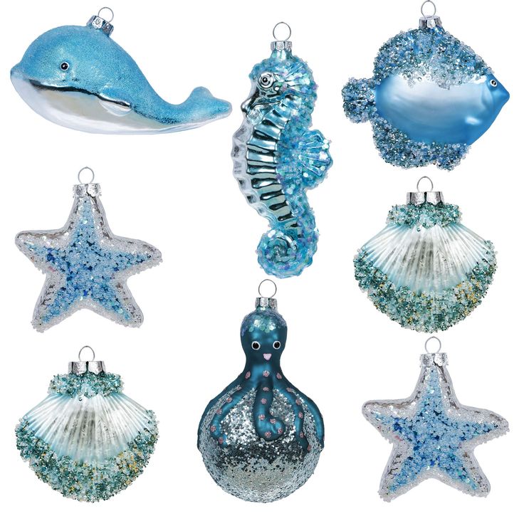 blue and white christmas ornaments with sea animals