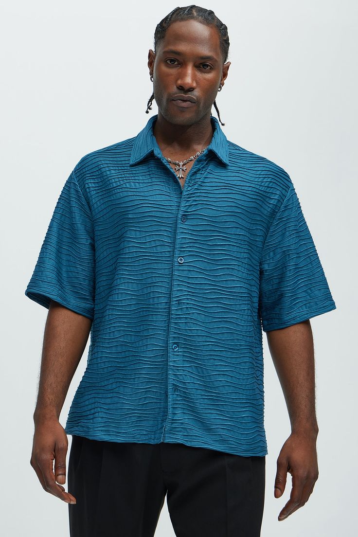 Available In Blue and Cream Fold Down Collar Front Button Closure Textured Detail Short Sleeve 95% Polyester, 5% Spandex Imported California Proposition 65 WARNING: Cancer and Reproductive Harm - www.P65Warnings.ca.gov. | Mens Sounds Good Textured Shirt in Blue size Small by Fashion Nova Sweat Women, Textured Shirt, Woman Back, Sounds Good, Jeans For Sale, Blue Fashion, Jeans Pants, Clothes For Sale, Everyday Essentials Products