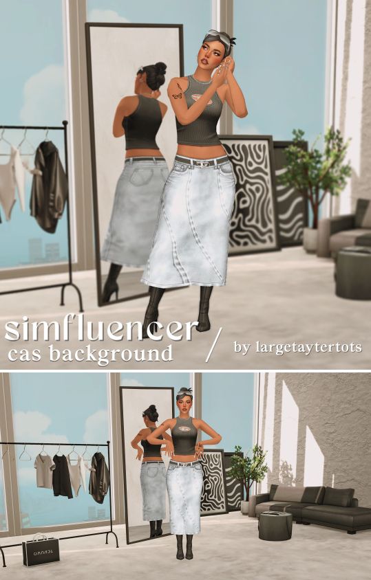 two women standing in front of a mirror with clothes hanging on the rack and another woman looking at her reflection