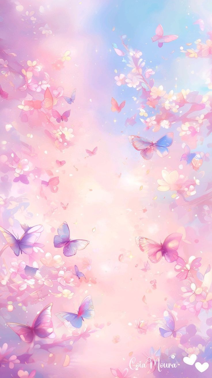 butterflies flying in the sky with pink and blue colors