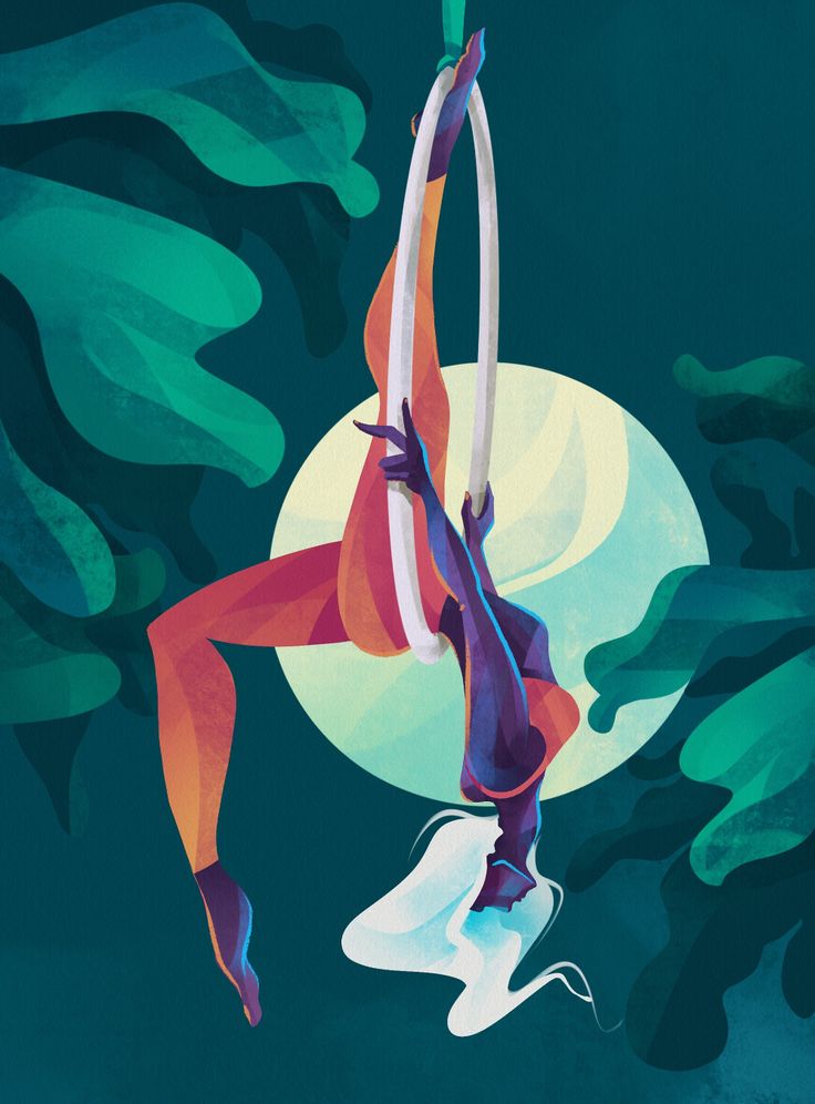 a painting of a woman doing aerial acrobatics in front of the moon