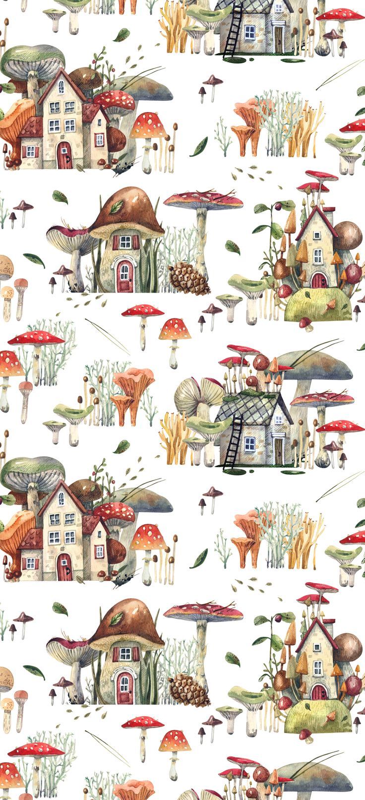 a white background with many different houses and mushrooms