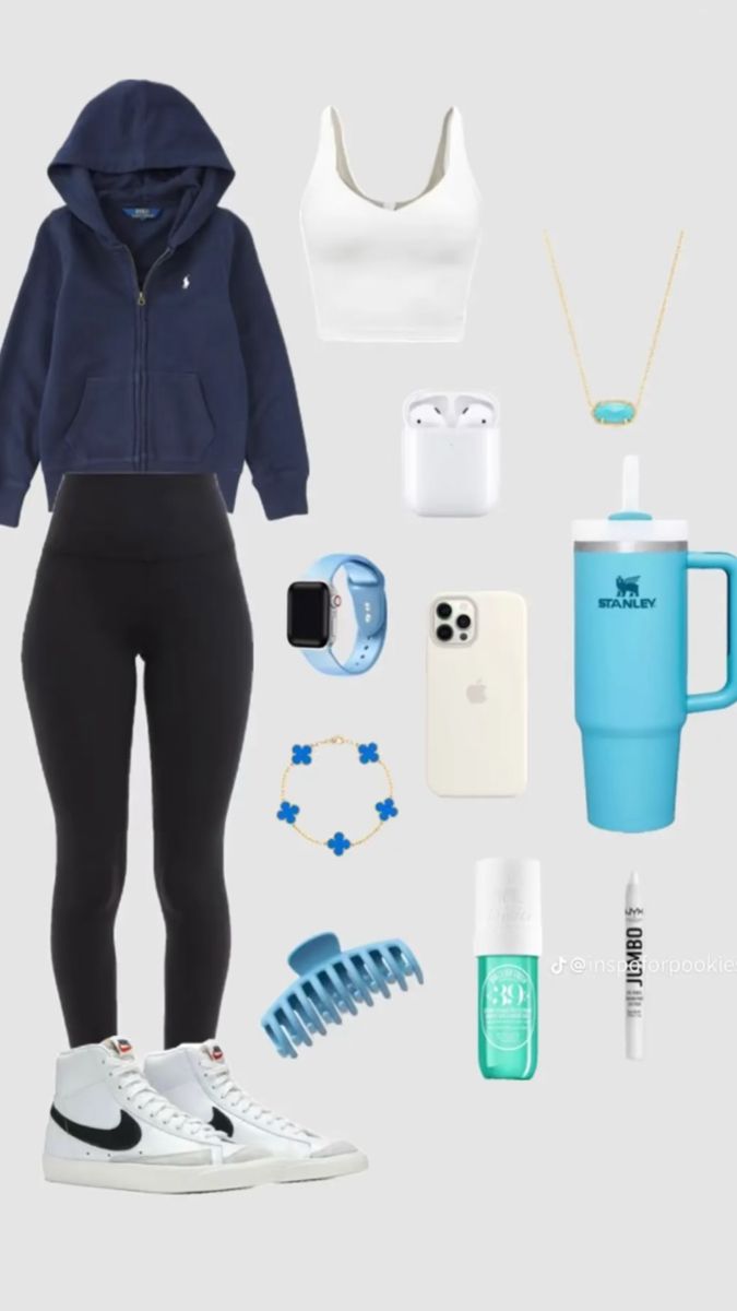 the contents of a woman's outfit including sneakers, coffee cup and cell phone