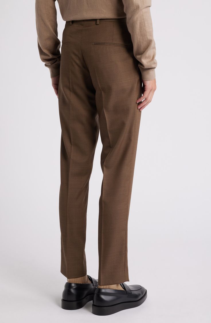 Tailored from subtly patterned wool, these all-occasion dress pants feature classic flat-front styling and a mid-rise fit that stays slim through the legs. 30 1/2" inseam; 13" leg opening; 10" front rise; 15 1/2" back rise (size 48EU) Zip fly with hook-and-bar closure Front slant pockets; back welt pockets Partially lined Unhemmed 100% wool Dry clean Imported Fall Business Slim Fit Bottoms, Slim Fit Brown Dress Pants For Business, Brown Slim Fit Dress Pants For Business, Wool Suits For Work With Straight Leg, Wool Suits With Straight Leg For Work, Wool Suits With Straight Leg, Slim Fit Brown Dress Pants With Tapered Leg, Brown Slim Fit Dress Pants With Tapered Leg, Tailored Brown Bottoms For Work