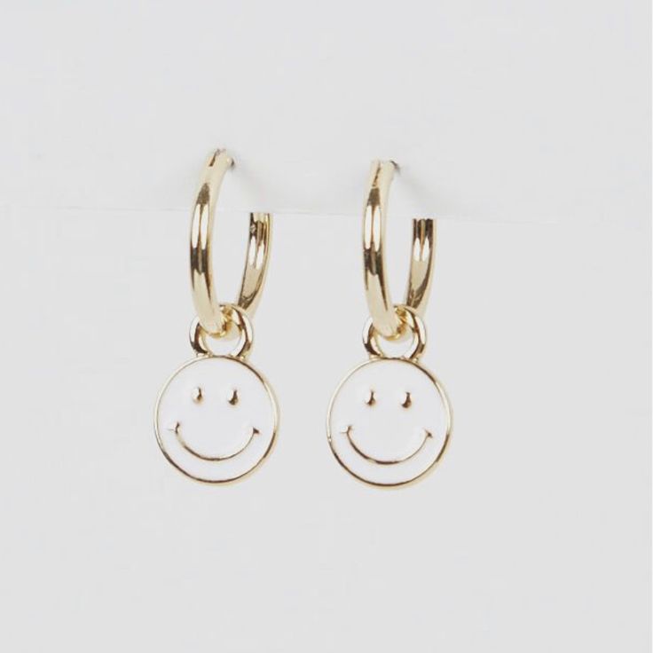 Gold And White Smiley Face Earrings Fun White Earrings For Everyday, Fun White Everyday Earrings, Trendy Single White Earring, Trendy White Single Earring, Trendy White Hoop Earrings For Gift, Trendy Nickel-free White Earrings, Playful White Dangle Jewelry, Trendy White Nickel-free Earrings, White Fun Dangle Earrings