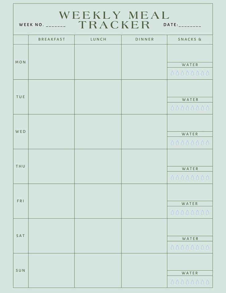 the weekly meal tracker is shown in this printable version, which includes food and drinks